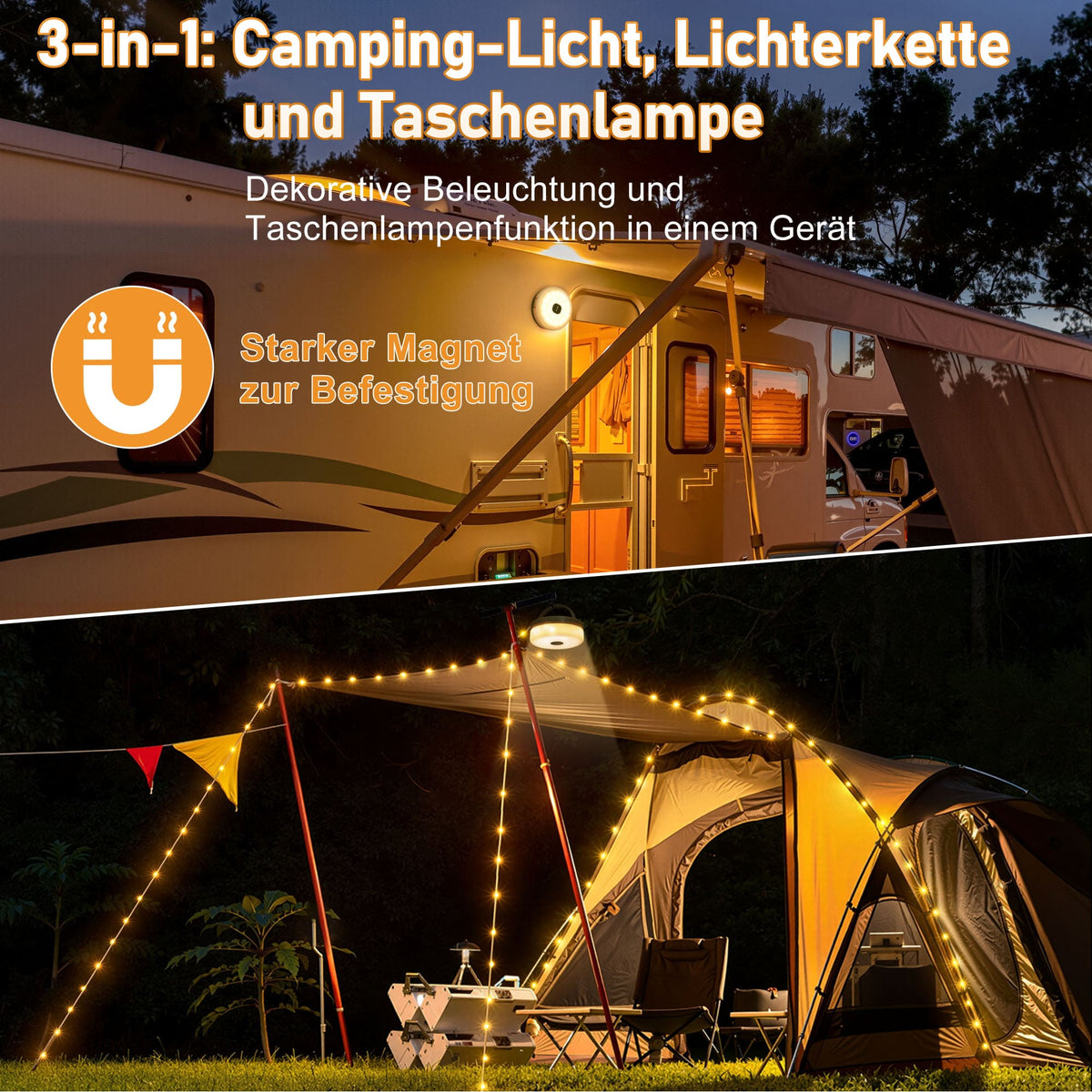 Heipard HP-CL-2 | 4-in-1 Camping Lichterkette | 10 m | 3000 mAh | Fernbedienung & SOS-Funktion
