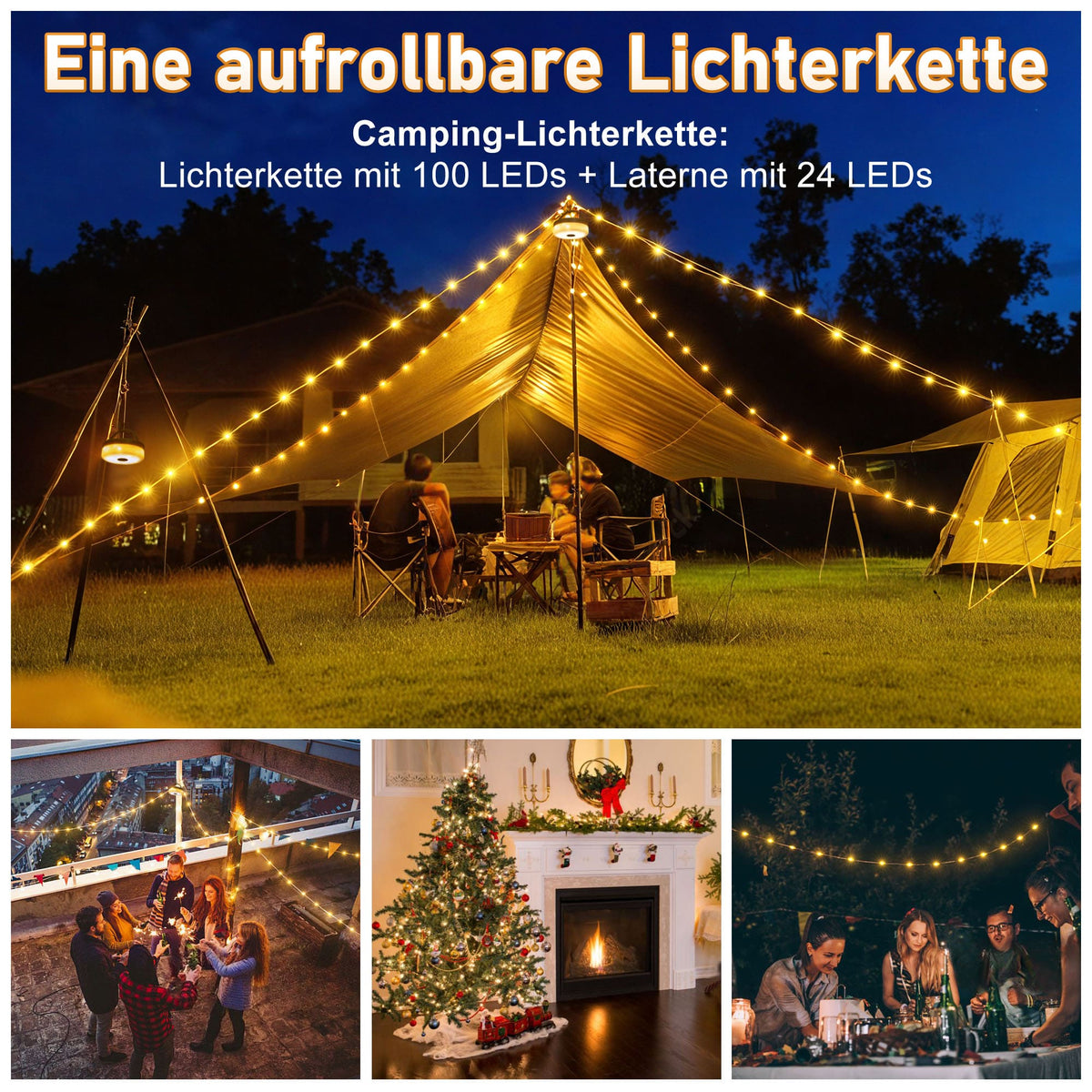 Heipard HP-CL-1 | 3-in-1 Camping Lichterkette | 10 m | 100 LEDs | Powerbank & SOS-Funktion