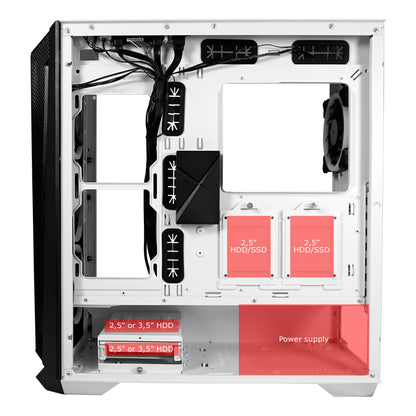 LC-Power LC-805BW-ON | Midi-Tower Gaming-Gehäuse | 4x ARGB-Lüfter | E-ATX/ATX/mATX/Mini-ITX | 11 Lüfterplätze | USB-C | Weiß/Schwarz