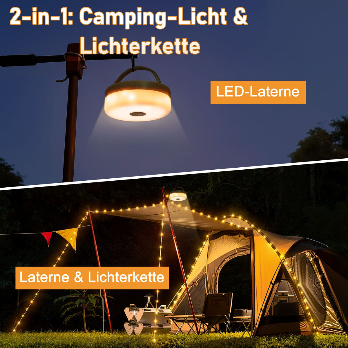 Heipard HP-CL-1 | 3-in-1 Camping Lichterkette | 10 m | 100 LEDs | Powerbank & SOS-Funktion
