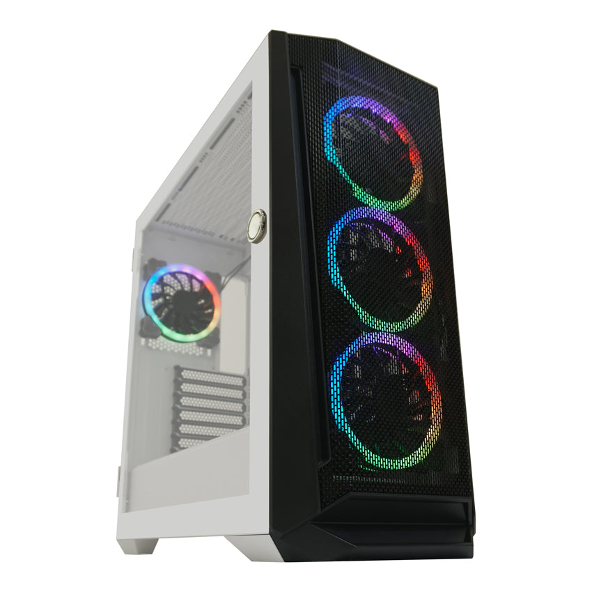 LC-Power LC-805BW-ON | Midi-Tower Gaming-Gehäuse | 4x ARGB-Lüfter | E-ATX/ATX/mATX/Mini-ITX | 11 Lüfterplätze | USB-C | Weiß/Schwarz