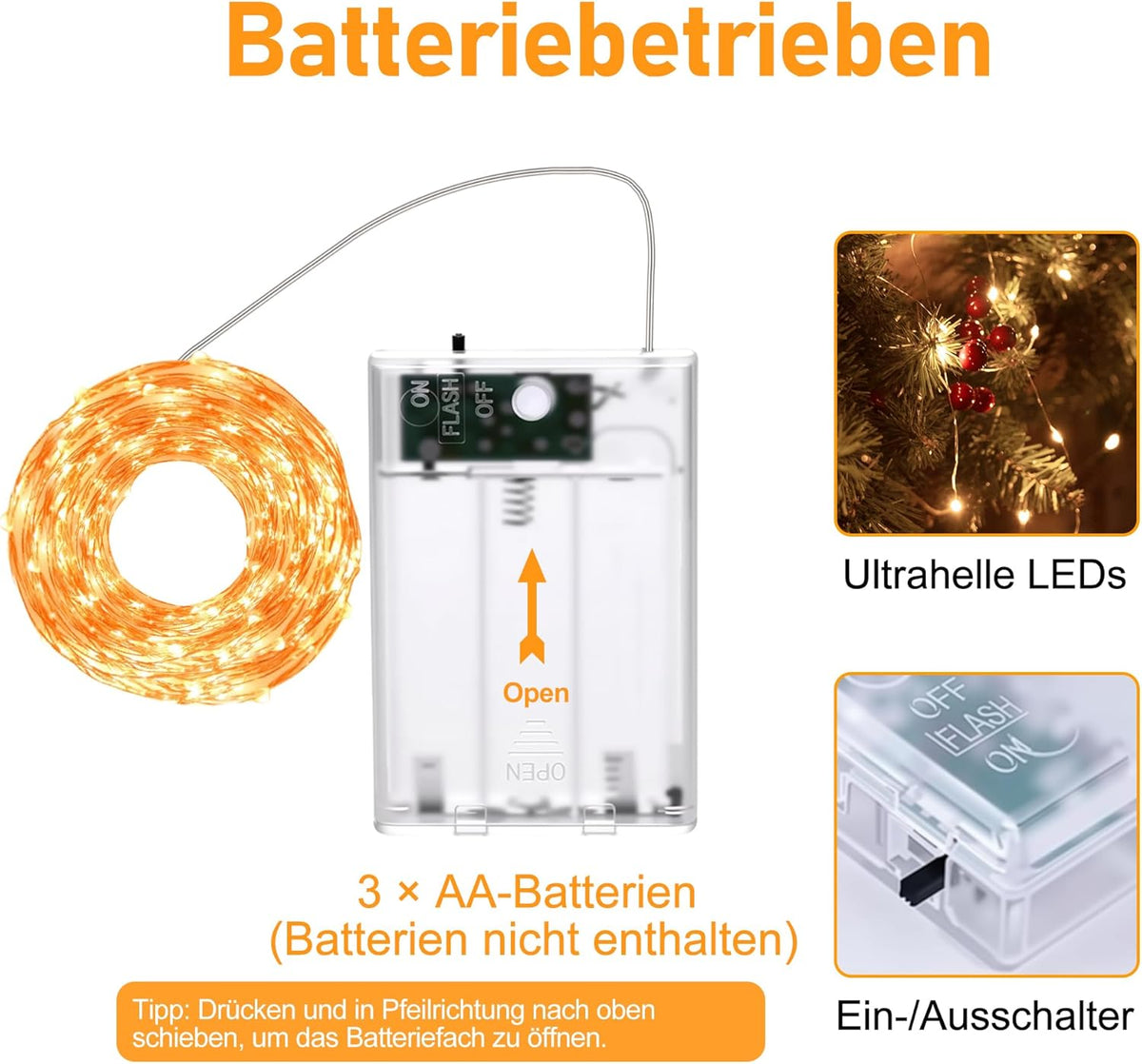 HeiPard HP-BSL-100-1P | LED Lichterkette | 10 m | 100 LEDs | Warmweiß | Batteriebetrieben